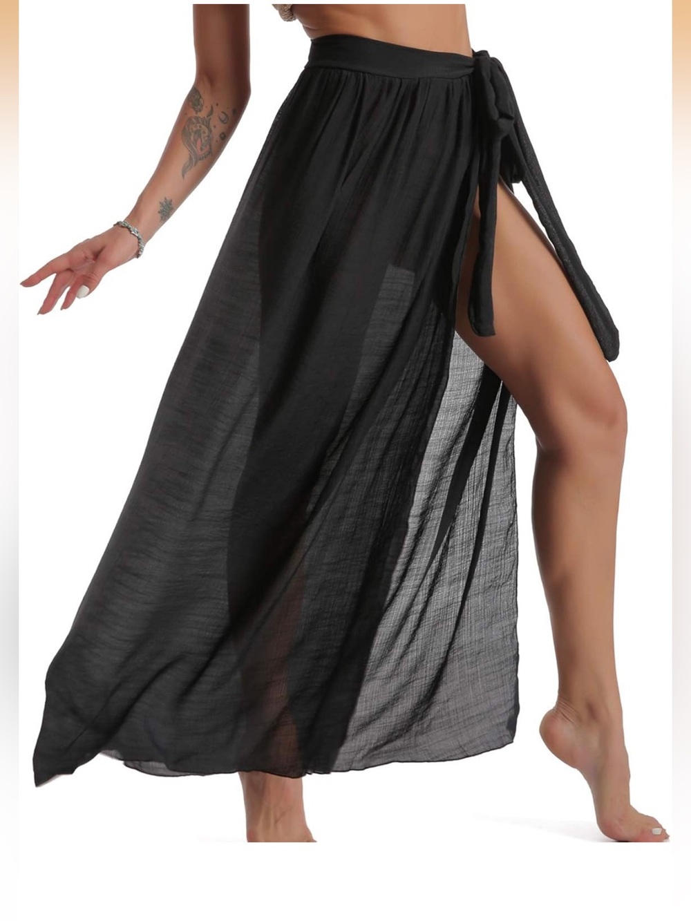 🔹 Sheer Black Tie-Waist Maxi Beach Cover-Up Skirt